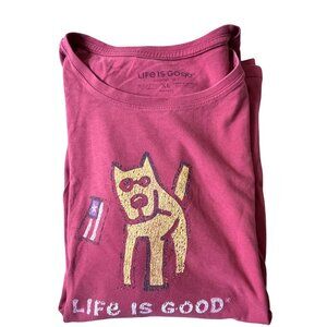 Life Is Good Crusher Tee Shirt Womens XL Red Dog USA Flag Patriot Novelty